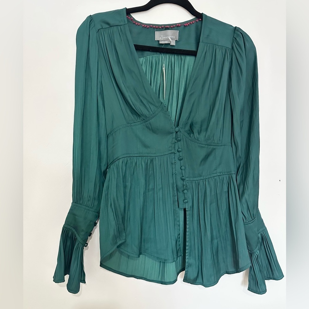 Anthropologie Long Sleeve emerald Plunge Blouse Green Size XS
